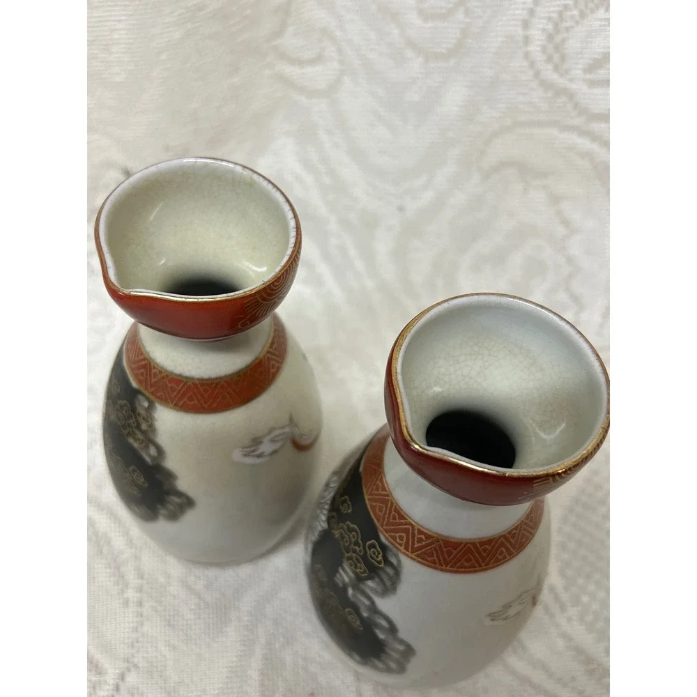 Vintage Japanese Kutani Sake Bottle Set Dragon Moriage Crackle Glaze Red Gold 5